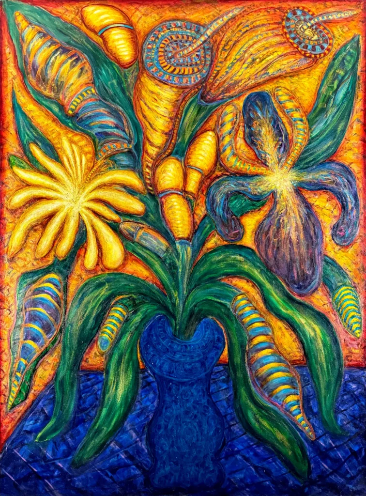 3 Yellow Flower Blue Vase
